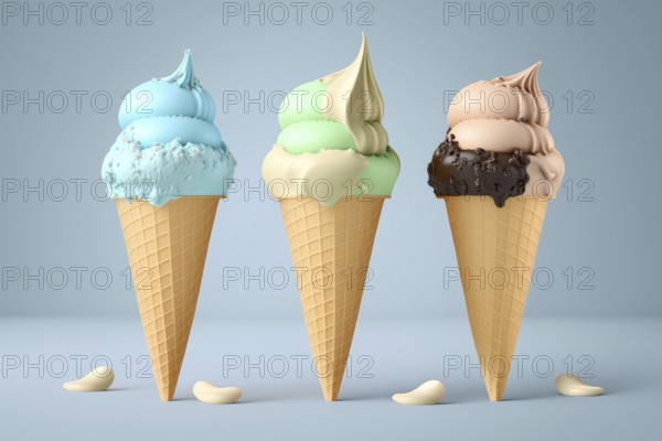 Illustration 3d render of melting summer ice cream in a cone on a pastel background, multicolored