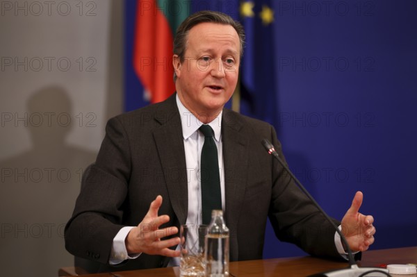 Sofia, Bulgaria - 14 February 2024: British Foreign Secretary David Cameron speaks to the media