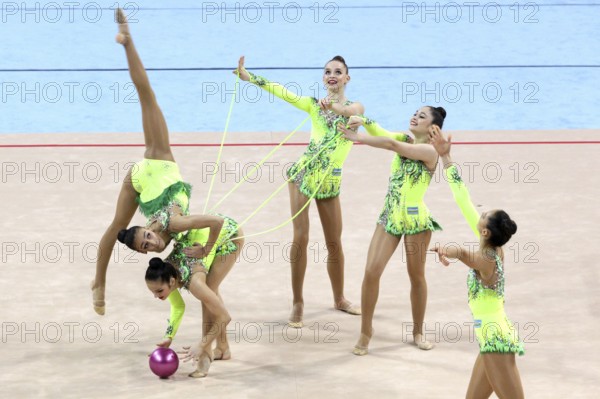 Sofia, Bulgaria - 6 May, 2017: Team Uzbekistan performs during Rhythmic Gymnastics World Cup Sofia