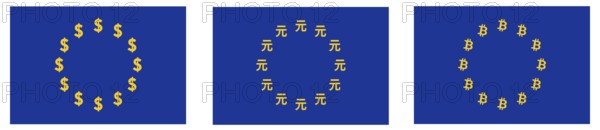 Flag of European Union, stars replaced with dollar, renminbi or yuan, bitcoin sign. Eurozone trade