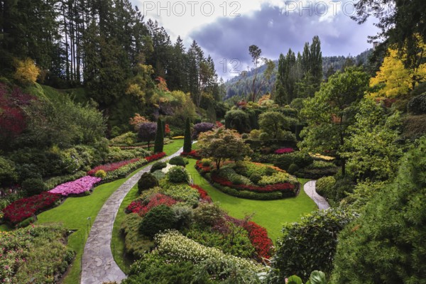 Butchart Gardens - gardens on Vancouver Island. Flower beds of colorful flowers and walking paths