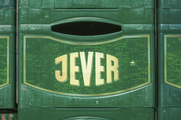 Stacked Jever beer crates in front of the Frisian Brewery, Jever Brewery, Jever, East Frisia, Lower