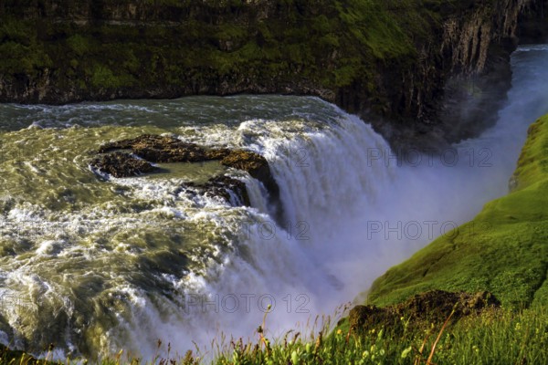 Gullfoss Golden Falls - the most beautiful waterfall in Iceland, on the Hvita River. Above the