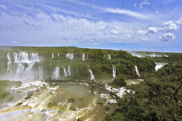 Turbid yellow-brown waves flow down. Raging and roaring water in the Brazilian side of the Iguazu