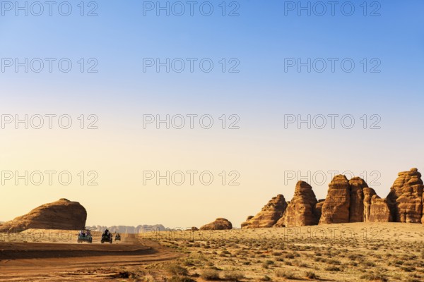 Vintage Land Rover Tour in the rocky landscape of Hegra, Unesco World Heritage Site Al Ula, Kingdom