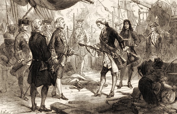 Chevalier de Saint-George of Invincible surrenders his sword to Admiral Anson after the First
