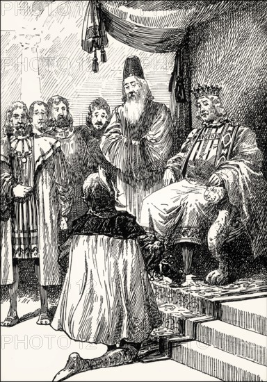 Mephistopheles playing the role of a fool, emperor at the throne, Faust II, first act, by Johann