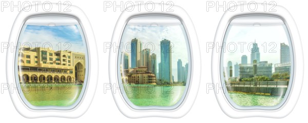 Three plane windows on Dubai skyscrapers skyline, United Arab Emirates, from a plane on the