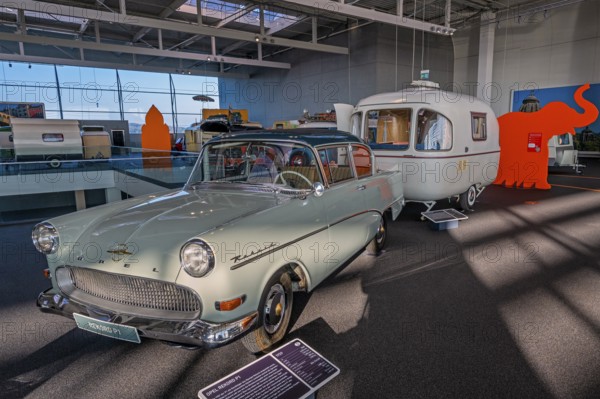 Opel Rekord P1 from 1959 with caravan, interior view, Erwin Hymer Museum, caravan, Bad forest lake,