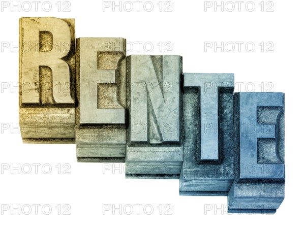 The word Rente, German for pension, Hot metal printing setting, old letters made of lead for