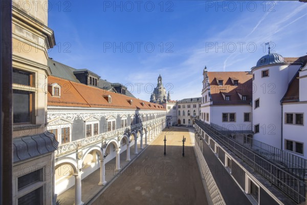 View from the small ballroom of the Residenschloss over the Stallhof to the Church of Our Lady,