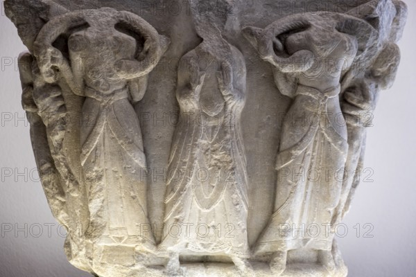 Capital, used as a ceremonial mortar, carved stone, 12th century, from the cathedral of San Pedro
