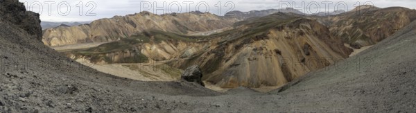 Rhyolite mountains, lava scree, panoramic view, Landmannalaugar, Fjallabak nature reserve,