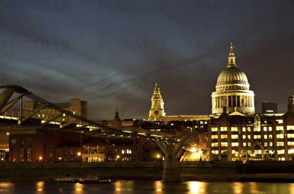 Cityscape of London at Night with St Paul's Cathedral and Millenium Bridge London, England, Great