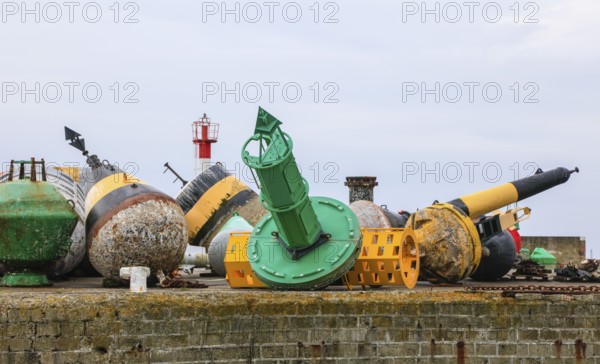 Buoys lying on the land, harbour Port de Brest, department Finistere Penn-ar-Bed, region Bretagne