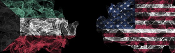 Flags of Kuwait and USA on Black background, Kuwait vs USA Smoke Flags