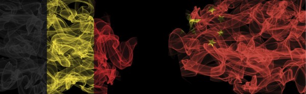 Flags of Belgium and China on Black background, Belgium vs China Smoke Flags