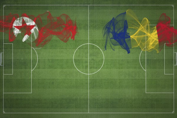 North Korea vs Romania Soccer Match, national colors, national flags, soccer field, football game,