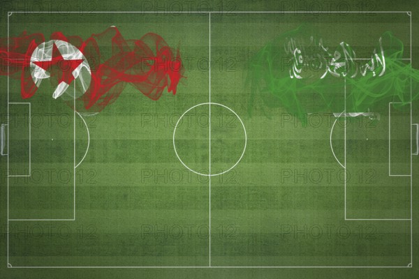 North Korea vs Saudi Arabia Soccer Match, national colors, national flags, soccer field, football