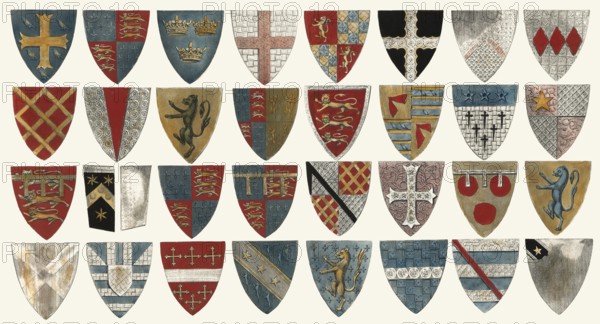 Armorial Bearings, coats of arms from St Stephen's Chapel, old Palace of Westminster, London,