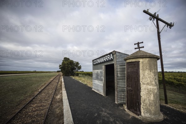 The iconic rural train station for Coonawarra wine region on a stormy autumn morning near Penola,