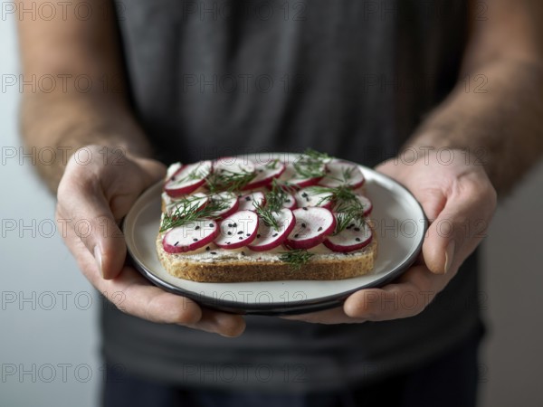 Hands takes plate with vegan sandwich. Healthy appetiezer - whole wheat bread toast with