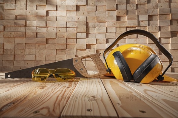 Construction Carpentry Concept. Yellow Safety Goggles Helmet And Earphones. Classic Handsaw With