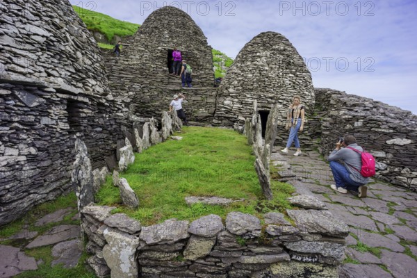 Clochans, stone cells. monastery at the top, Skellig Michael island, Mainistir Fhionáin (St.