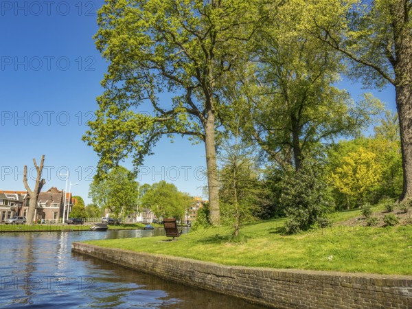 A calm river flows through a park with tall trees and lush green grass under a bright blue sky,