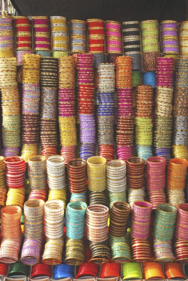 Glass bangles of different colours in shop, Lucknow, Uttar Pradesh, India