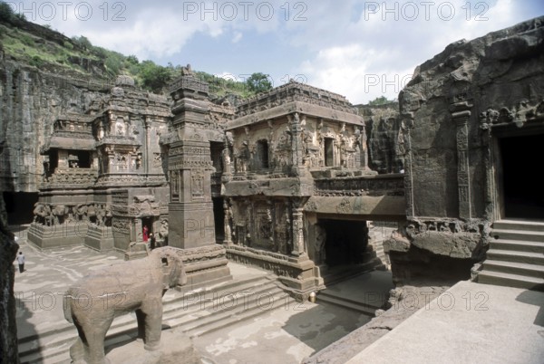 Cave no.16 Stone carved Deities of facade, Kailash temple layne, Ellora Caves, Aurangabad,
