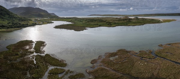 A panorama drone landscape view of Loughros Beg Bay and Maghera Beach near Ardara in Country