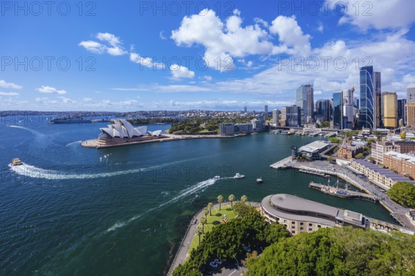 SYDNEY, AUSTRALIA, MARCH 4 2023: The Sydney CBD and surrounding harbour, including Circular Quay
