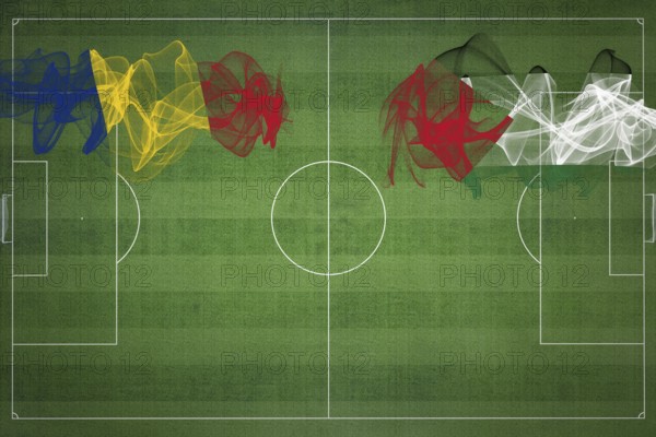 Romania vs Palestine Soccer Match, national colors, national flags, soccer field, football game,