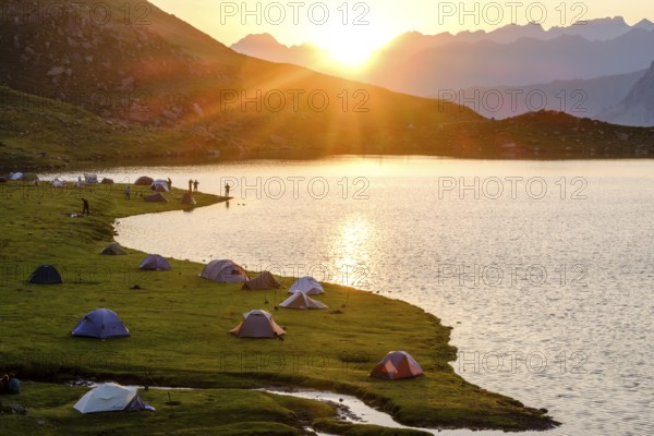 First light in the morning front Midi d Ossau, Gentau lake, Ayous lakes tour, Pyrenees National