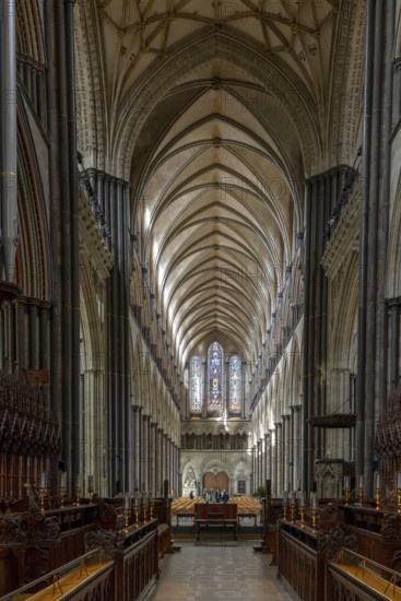 Salisbury, United Kingdom, 8 September, 2022: view of the choir and the central nave inside the