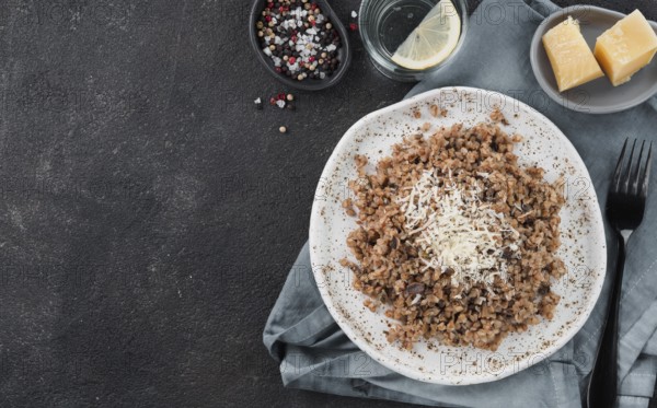 Buckwheat risotto with dried mushrooms served parmesan cheese in craft plate on black cement
