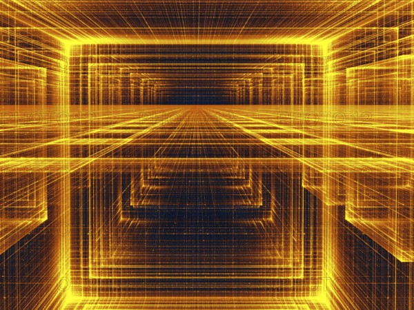 Golden perspective background - abstract computer-generated 3d illustration. Contemporary digital