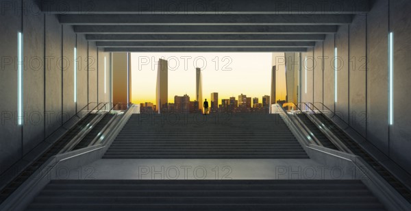Businessman climbing stairs from underground upward to modern urban city. Ambitions concept. 3d