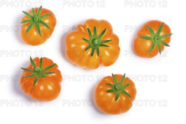 Yellow ribbed heirloom tomatoes (Solanum lycopersicum var. Togorific). Clipping paths, shadows