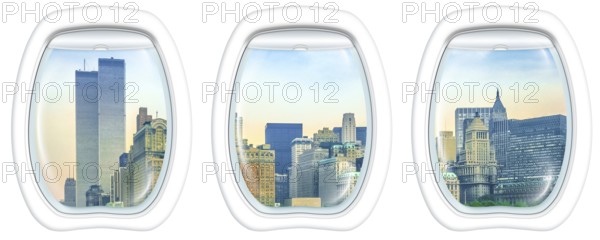 Three plane windows on New York City with World Trade Center and Twin Towers, Manhattan, United