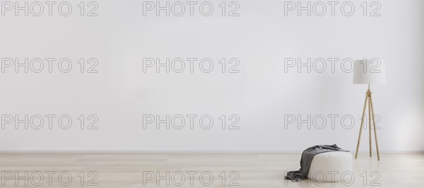 Bright room interior for mockup with wooden floor lamp, white pouf and wooden floor with white wall