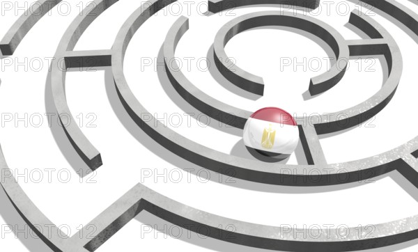 Image relative to politic situation in Egypt. National flag textured sphere in labyrinth. 3d
