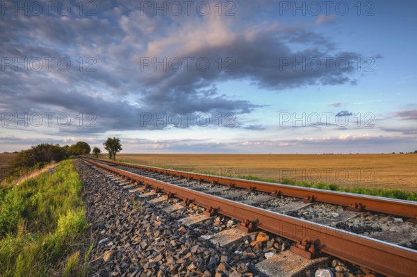 Old Railway tracks running through a field stretch to rural countryside at sunset. Single railway