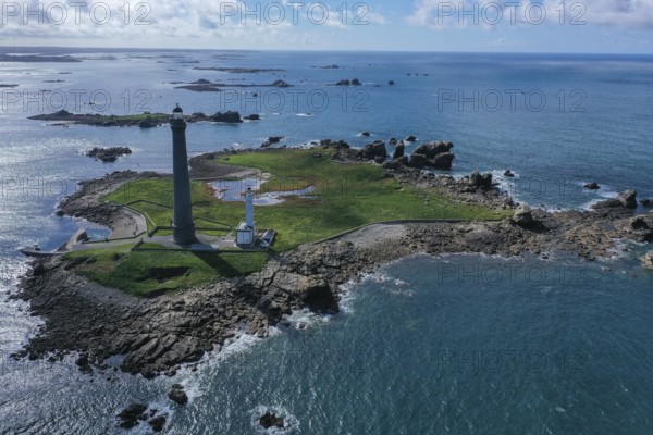 Aerial view island Ile Vierge with lighthouses Phare de l'Ile Vierge, old lighthouse from 1845 and