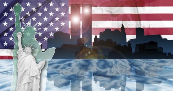 American patriotic composition of New York with Manhattan skyline and Twin Towers reflected in