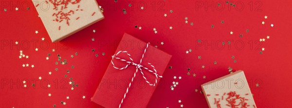 New Year or Christmas presents wrapped ribbon flat lay top view Xmas holiday 2019 celebration