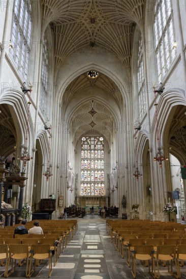 Interior view, stained glass window, Bath Abbey, Bath, England, Great Britain