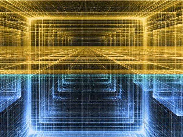 Blue and gold background - abstract computer-generated 3d illustration. Contemporary digital art: