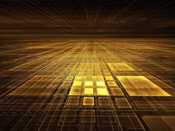 Golden tiles - abstract computer-generated 3d illustration. Fractal art - plane with glowing grid.